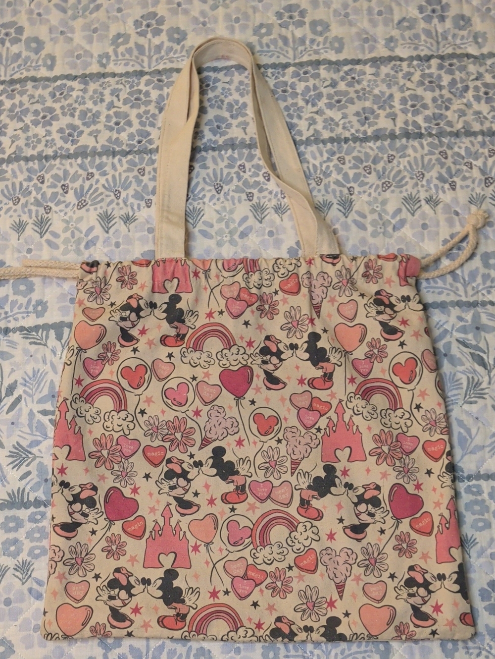 Canvas Disney Tote Bag with Pink Heart & Rainbow Print
